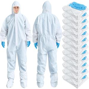 TrelaCo 5 Sets Hazmat Suit Disposable Protective Coveralls Full Body Paint Suit with Hood Shoe Cover and Glove Breathable Coverall (XL, White)