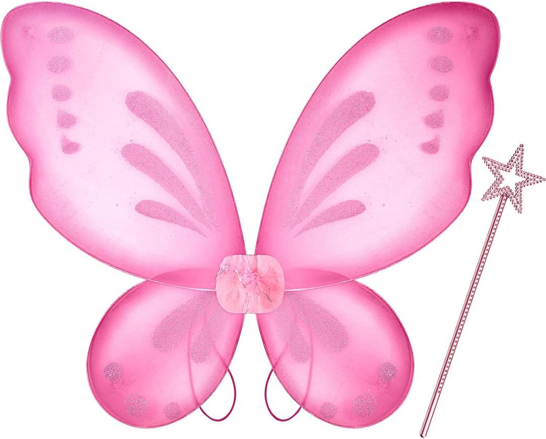 Sratte Fairy Princess Butterfly Wings Girls Kids Butterfly Costumes Set Star Wands Adults Christmas Birthday Party (Pink)