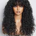 GORGIUS Shaggy Haircuts Natural Black Curly Wig with Bangs Crafted with Style-Archive Technology: Premium Fiber & Remy Human Hair Blended, Realistic Look with True Scalp