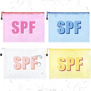 Aileam 4PCS SPF Makeup Bag Clear Zippered SPF Bag Cosmetic Pouch Waterproof Travel Toiletry Organizer for Women Varsity Letter Patch Beach Pool Essentials