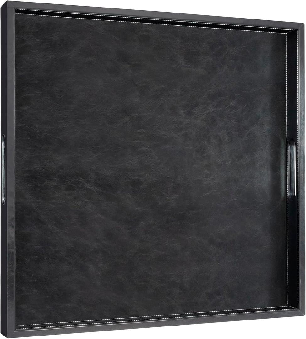 20 * 20 inches Leather Square Serving Tray with Hole Handles,High-End Light Large Service Tray for Ottoman Tray, Tea, Food, Butler - Countertop, Kitchen,Family Dinner, Picnic (Black)