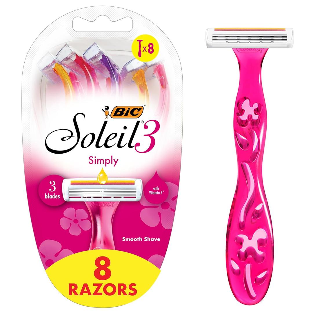 BIC Soleil 3 Simply Women's Disposable 3-Blade Razors, Soothing Moisture Strip and Comfortable Handle, 8-Pack