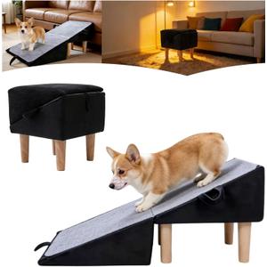 Split Ottoman Dog Ramp for Couch and Low Bed, 2-in-1 Foldable Dog Stairs for Small Dogs and Cats, Wooden Pet Ramp with Non-Slip Surface, Portable Step Stool Design, Black