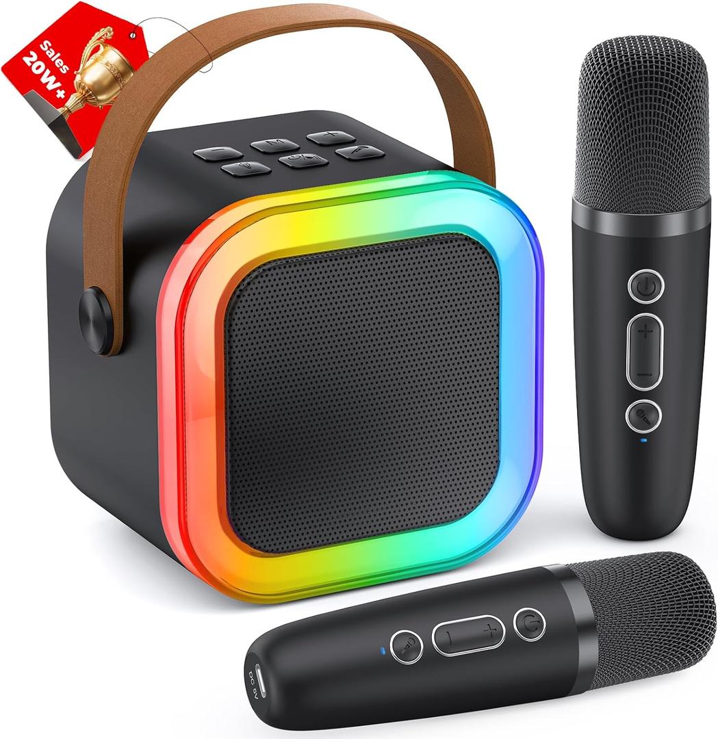 Mini Karaoke Machine for Kids Adults, 2025 TOP Christmas Birthday Gifts for Boys 3,4,5,6,7,8,9,10+ Years Old Toddler Toys, Portable Bluetooth Speaker with 2 Wireless Karaoke Microphones Player(Black)