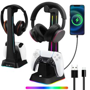 PS5 Controller Charger with RGB Headphone Station, PS5 Controller Charger Headset Holder compatible with PS5 Controller & PS5 Edge Controller with 2 USB Port and RGB Colored Light