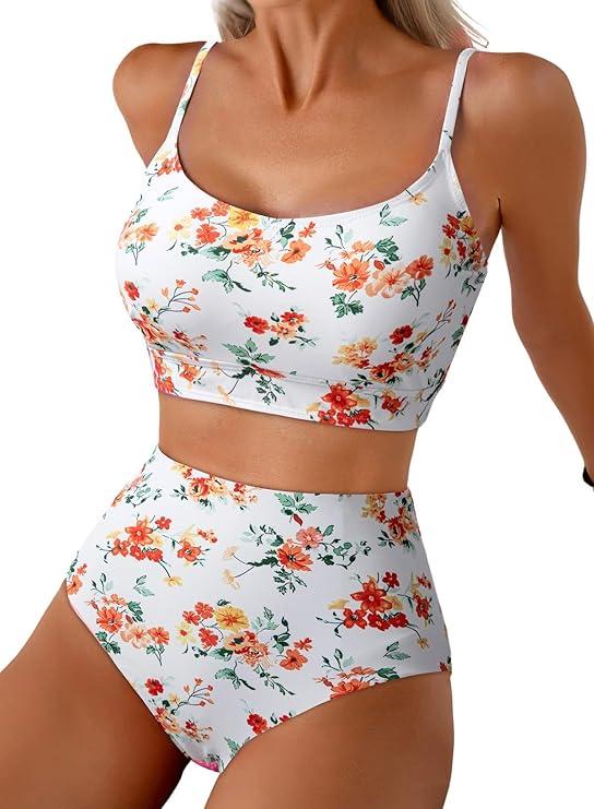 Herseas 2 Piece High Waisted Bikini Set for Women 2026 Spaghetti Straps Swim Top with Reversible Bottom Bathing Suit 2XL