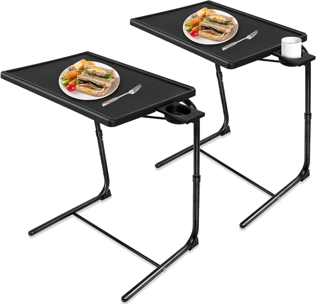 TV Tray Table, TV Dinner Table with 3 Tilt Angles and 6 Height Adjustments, Folding Adjustable Tray Tables with Cup Holder for Eating on Couch, Bed & Sofa, Set of 2