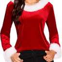 Christmas Tops for Women - Xmas V Neck Fur Trim Sweaters Casual Loose Sweatshirts Velvet Long Sleeve Pullover (Red, M)