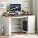 HOOBRO Computer Desk, Office Desk with Charging Station, Farmhouse Executive Desk with Monitor Stand & Adjustable Shelf, Small Desk for Small Space, Study, Living Room, White and Walnut WH85UDN01, 39.4"L x 19.7"W x 33.5"H