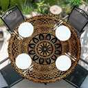 Round Fitted Tablecloth with Elastic Edge, 36"-60" Waterproof Stain Resistant Table Cover for Indoor, Outdoor, Picnic, Dining, Camping, Party, Holiday, 52inch, Golden Mandala