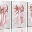 3Pcs Pink Bow Canvas Wall Art Trendy Coquette Preppy Bow Aesthetic Paintings Pictures Wall Decor Poster Print Artwork for Girls Room Bedroom Dorm Home Decoration (16"L x 12"W)
