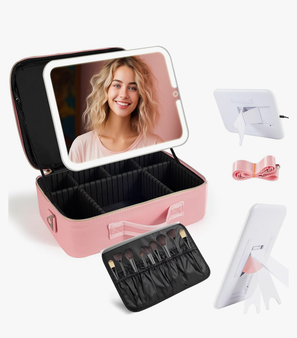 Large Travel Makeup Bag with LED Mirror, 3-Color Stepless Dimming Stand Mirror Detachable, with Adjustable Divider, Makeup Brush Holder Storage (Pink)