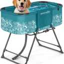 SereneLife Foldable Dog Bath Tub with Adjustable Height, 360° Access, Drain Hose & Storage Pockets – 130 lb Capacity Grooming Station for Indoor/Outdoor Use, Blue