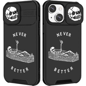Goocrux (2in1 for iPhone 15 Case Skull Skeleton Women Boys Goth Phone Cover Cute Fun Gothic Black Spooky Cool Unique Design with Slide Camera Cover Protective Stand Holder for iPhone 15 Cases 6.1''