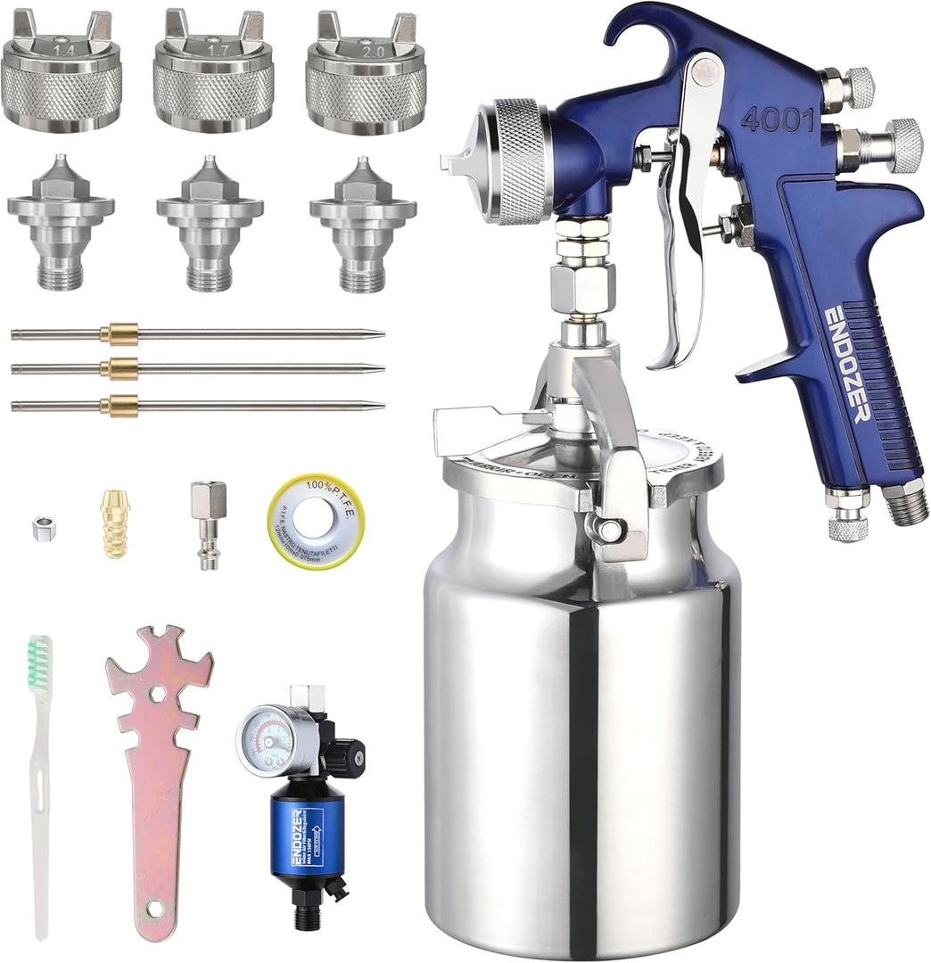 ENDOZER Professional Siphon Feed Spray Gun for Paint, Red Handle, 34 oz -1.4 1.7 2.0mm Nozzle for a Variety of Low Viscosity PaintsBlue