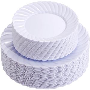 U-QE 100 Pieces White Plastic Plates - Premium White Disposable Plates for Wedding and Party Use Including 50PCS 9 '' Dinner Plate & 50PCS 6.5 '' Dessert Plate