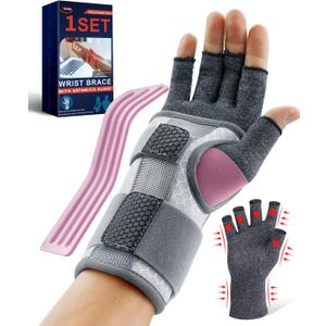 FEATOL Compression Arthritis Glove with Wrist Brace, Comfortable Fingerless Carpal Tunnel Hand Gloves for Women Night Support, Pain Relief for Rheumatoid Arthritis, Work, Typing - Right Hand, Small