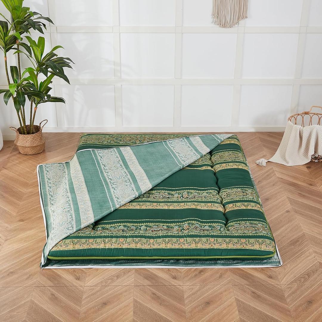 Futon Mattress Cover, Zippered Japanese Floor Mattress Protector, Machine Washable (Bohemian Green, Twin)