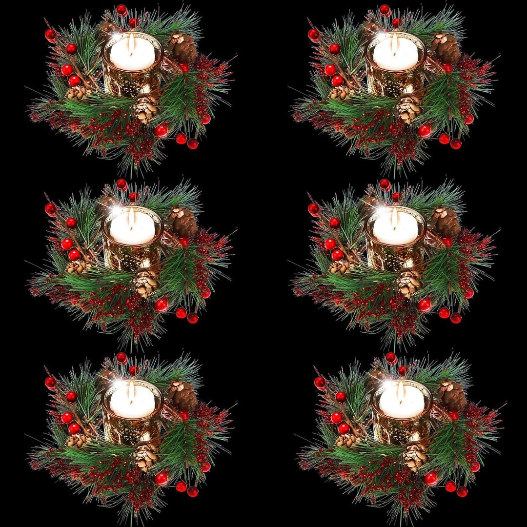 6 Pieces Christmas Candle Ring Christmas Candle Holder Artificial Berry Candle Rings with Pine Cones Small Wreaths for Wedding Festive Decoration