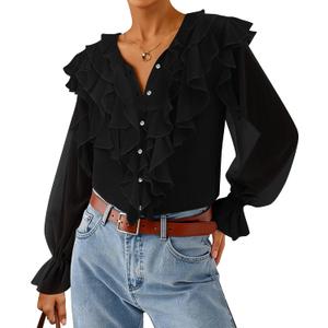 ZESICA Women's Long Sleeve Chiffon Dressy Casual Blouses Fall Button Down Ruffle Layered Boho Tops 2026 Trendy Clothes (Black, M)