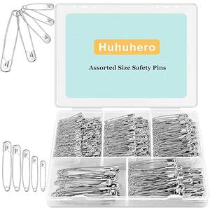 Huhuhero 340 Pack Safety Pins Assorted, Small and Large Safety Pins for Clothes Costume, 5 Different Sizes Nickel Plated Steel Pin Bulk, Sewing Crafts Art Supplies, Silver