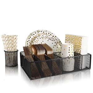 Metal Paper Plate Dispenser and Silverware Caddy With Handles - 6 Compartment Flatware Organizer for Countertop - Utensil Holder for Spoon, Fork, Plates, Cup, Napkins - Party or Camping