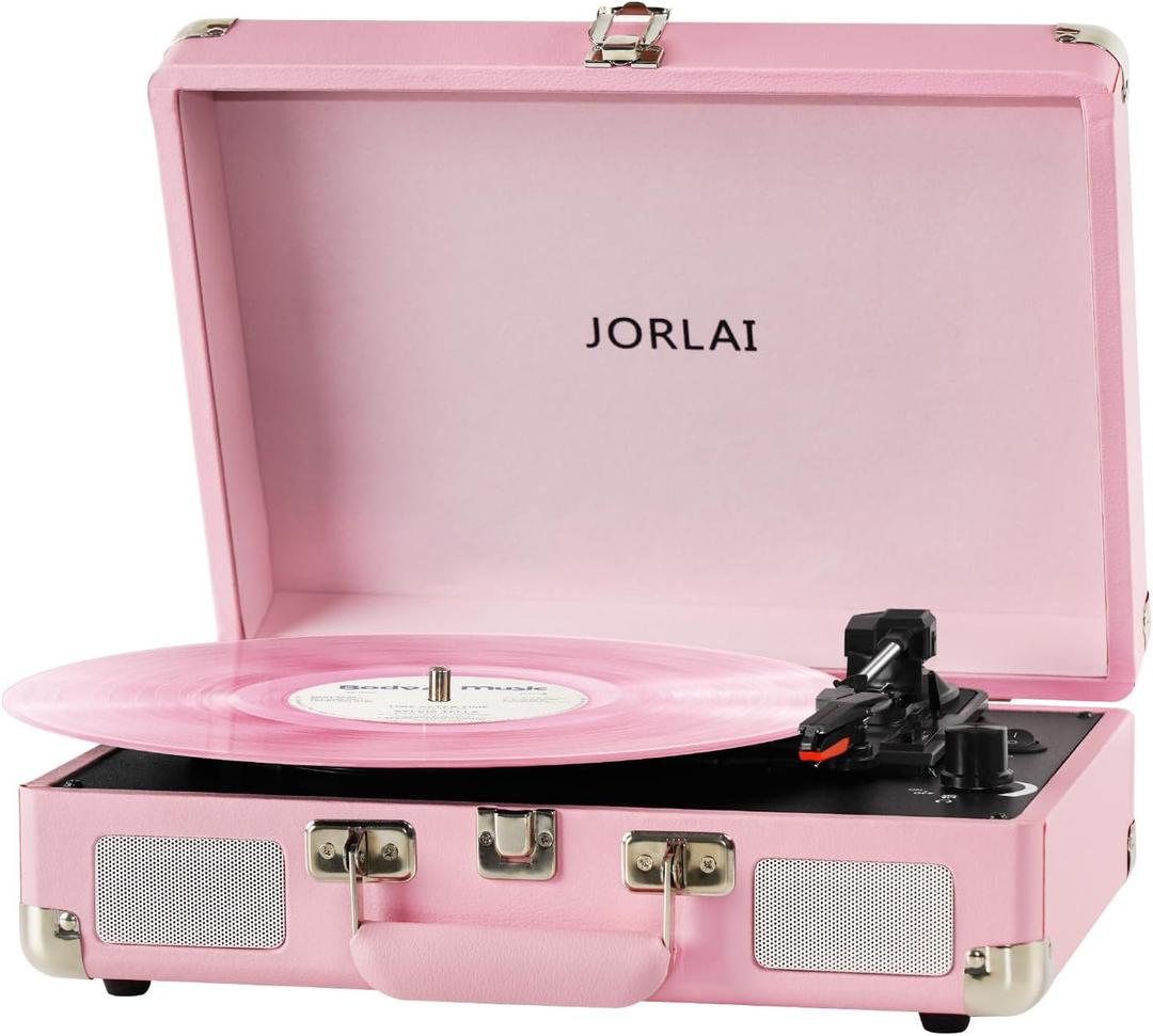 Pink Vinyl Record Player 3 Speeds Portable Suitcase Turntable with Built-in Dual Speakers, Bluetooth Gramophone with Built-in Battery 3.5mm Aux Input/RCA Output
