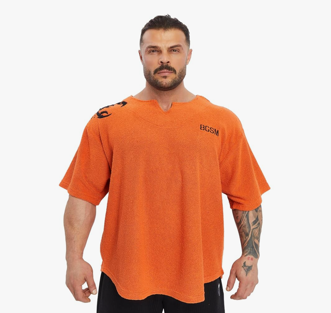 Men's Gym T-Shirt Active Wear Bodybuilding Lifting Oversize Rag Top | Towel Texture, Cotton Training Top (Orange, M)