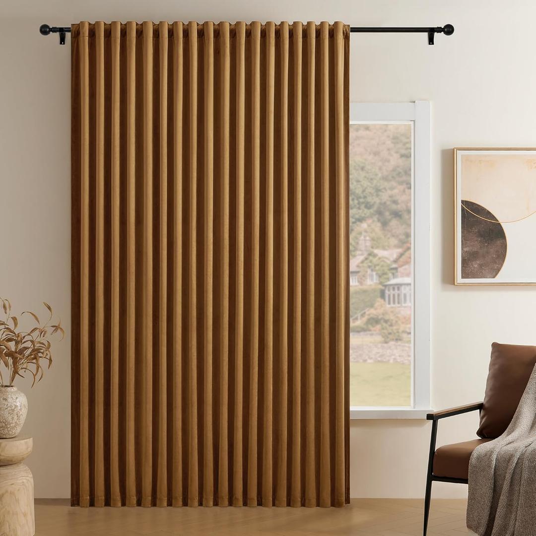 Timeper Gold Brown Pleat Back Tab Velvet Curtains W104 x L84 inches 1 Panel, Room Darkening Solid Home Decor Curtains for Bedroom Living Dining Room Thermal Insulated Luxury Super Soft Window Drapes (104"W x 84"L (Pack of 1), Gold Brown)