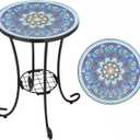 VCUTEKA Outdoor Side Table Mosaic Patio Table Accent Tables Mosaic Tile Top Metal Frame Small End Tables Porch Beach Patio Garden Balcony Peacock Feather 14''
