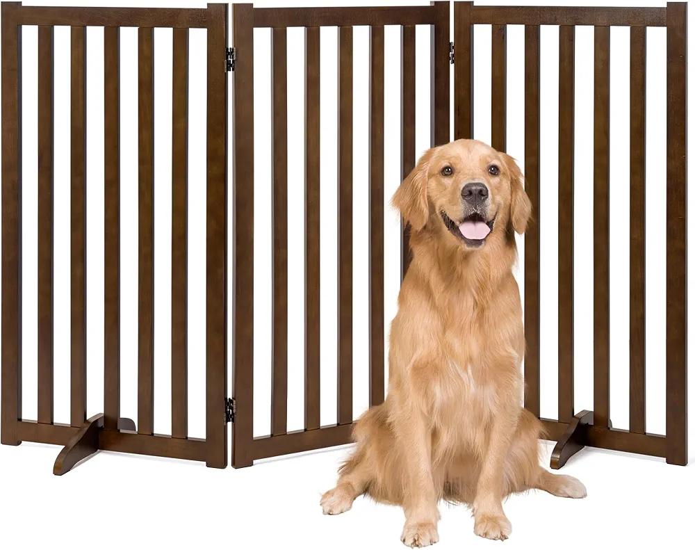 36" Height Extra Tall Freestanding Pet Gate, Solid Wood Folding Safety Fence Wooden Dog Gate with 2 PCs Support Feet Ideal for Stairs, Doorways, Halls, Kitchens, Heavy Duty Gates, 3 Panels, Walnut