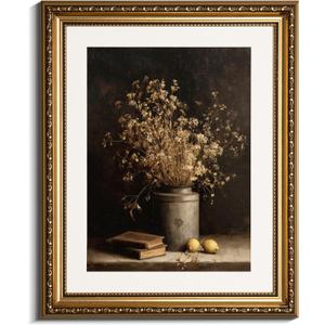 InSimSea Gold Picture Framed Wall Art, Living Room Vintage Dried Flowers Vase Wall Decor, Dark Moody Still Life Canvas Print Art, Home Farmhouse Decor, Antique Paintings with Frame 13x16inch