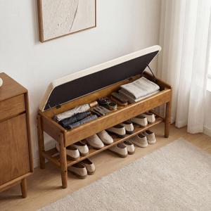 YEPDIN 2 Tier Shoe Rack Bench with Flip-Top Storage,39.3" Solid Wood Shoe Rack Bench with Chenille Cushion,for Entryway, Hallway,Living Room, Bedroom, Closet