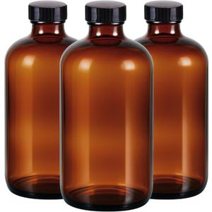 3 Pack,16 OZ Amber Glass Bottles Boston Round Sample Refillable Bottles with Black Caps, Perfect Glass Containers for kombucha, Secondary Fermentation,Storing condiment,Homemade Essential Oils