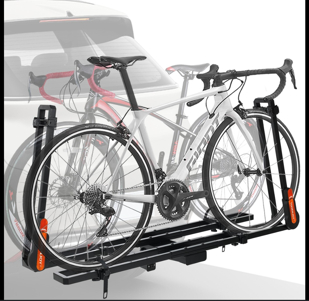 TOOENJOY Folding Hitch Bike Rack, Heavy Duty Bicycle Carrier Platform with Single Arm and Tier Strap, Fits 2" Hitch Receiver for SUV Pickup Truck, 2-Bike Capacity
