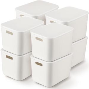 Tuanse 8 Pieces White Plastic Storage Bins with Lids, Stackable Storage baskets with Handle Containers Box for Shelves Drawers Desktop Playroom Classroom Office Organization(14 x 10.5 x 9.6 Inches)