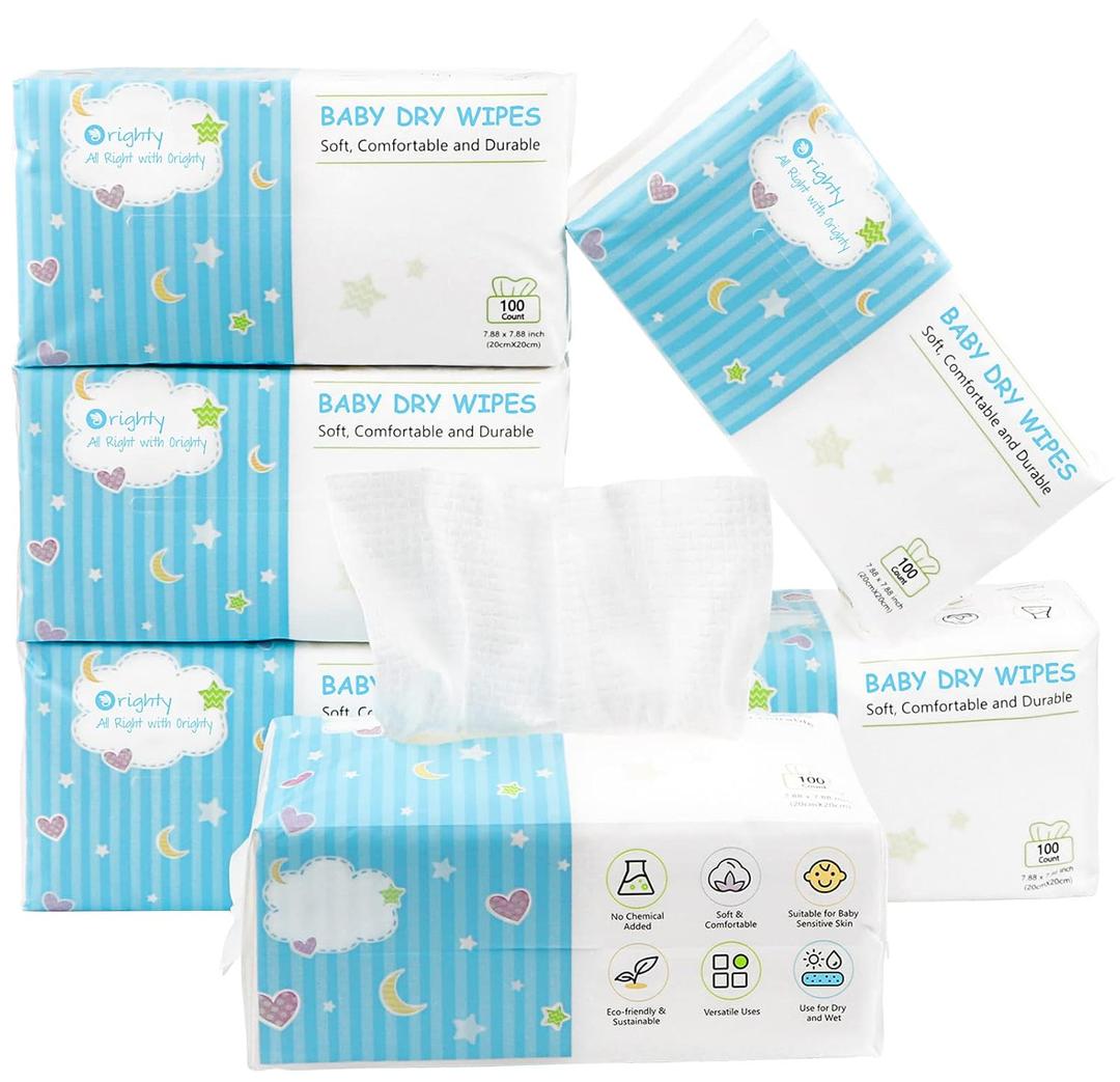 Orighty Baby Dry Wipes - Super Soft & Gentle Baby Washcloths, Use Wet or Dry, 100% Unscented Tissue for Babies Sensitive Skin, Ideal for Diaper Changes, Feeding, Nursing, Runny Nose & Drool, 600 Count