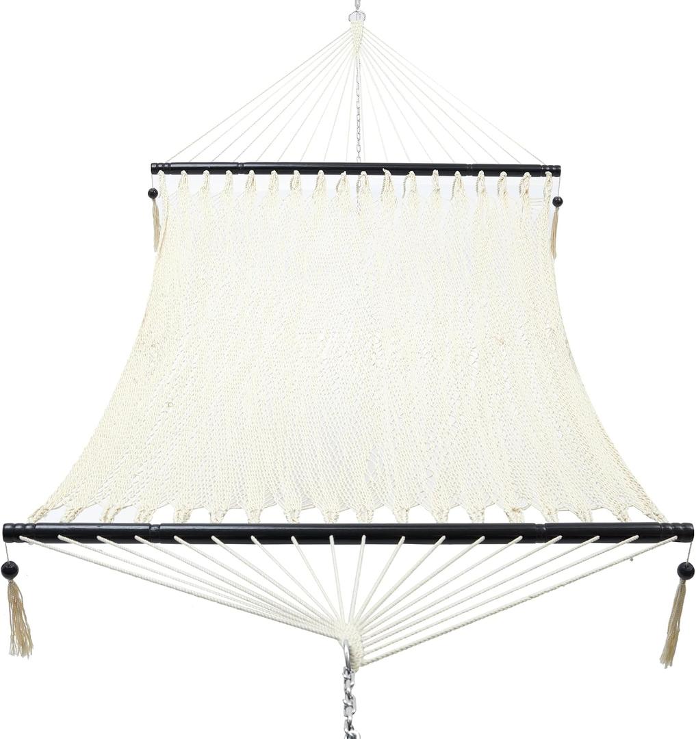 PNAEUT 2 Person Rope Hammocks for Outside, Handwoven Double Caribbean Hammock with Spreader Bar for Outdoor Indoor, Max 600 lbs Capacity (Cream)