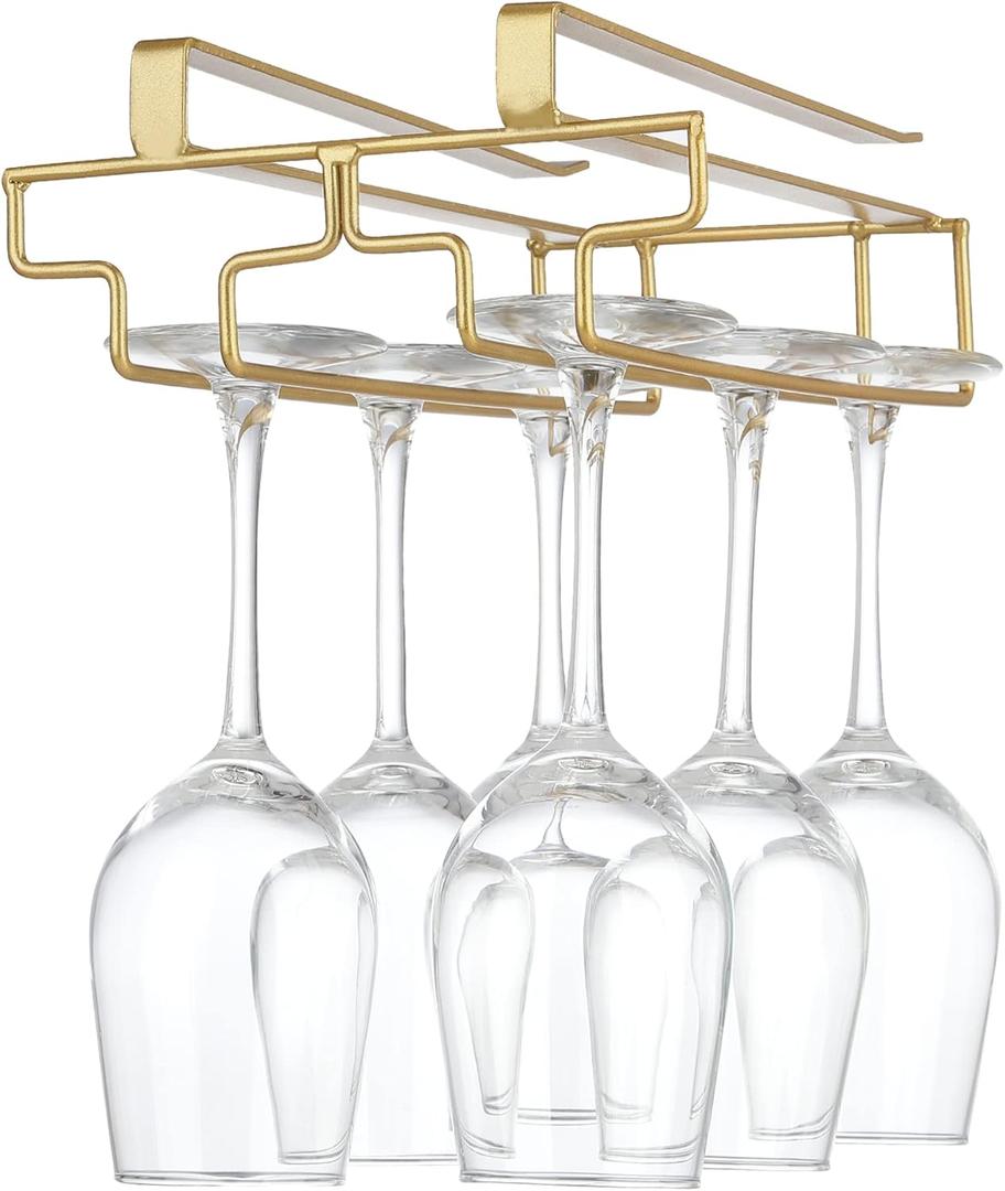 Wine Glass Rack Under Cabinet, Drilling Free No Screw Steamware Holder Under Shelf Metal Wine Glasses Holders 304 Stainless Steel Hanger Storage Organizer Hanging Glass Fit for Bar Kitchen 2 Rows Gold