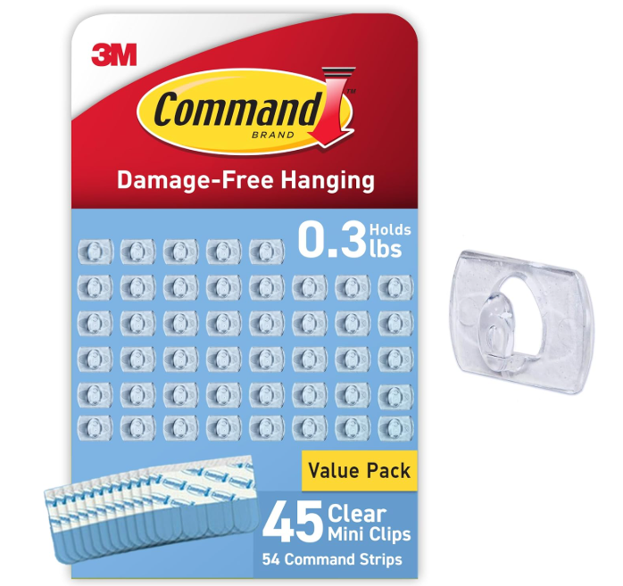 Command Indoor Mini Light Clips, Damage Free Hanging Christmas Light Clips, Mini Wall Clips for Hanging Indoor Christmas Decorations, Lights and Cables, 45 Clear Clips and 54 Command Strips