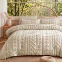 MR&HM Tufted Boho Comforter Set Full Size, Linen Farmhouse Bedding Set, Bed in a Bag Set 7 Pieces with 1 Comforter, 2 Pillow Shams, 2 Pillowcases, 1 Flat Sheet, 1 Fitted Sheet for All Seasons
