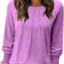 Long Sleeve Shirts for Women 2026 Spring Dressy Casual Blouses Pleated Crewneck Tunic Tops for Leggings Cute Tee (M)
