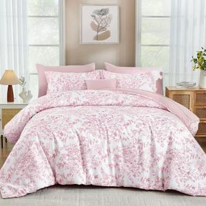 WONGS BEDDING King Size Comforter Set, 8 Pieces Pink Floral Bed in a Bag Comforter Sets, Botanical Print Soft Fluffy Microfiber Complete Bedding Sets for All Season (90"x104")
