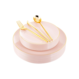 30 Guests Pink Plastic Plates for Party,Heavy Duty Pink Disposable Plates,Gold Dinnerware Set Include 30 Dinner Plates,30 Dessert Plates,30 Gold Plastic Silverware Set for Party.