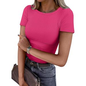 ATHMILE Womens Long Sleeve Crewneck/V Neck Ribbed Tops Fall Fitted Stretch Casual Basic T Shirts 2026 (Pink, XS)