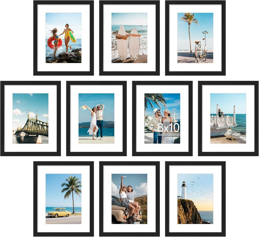decorUhome 8x10 Picture Frame Set of 10, Display Photos 5x7 with Mat or 8x10 Unmatted for Picture Frames Collage Wall Decor, Black