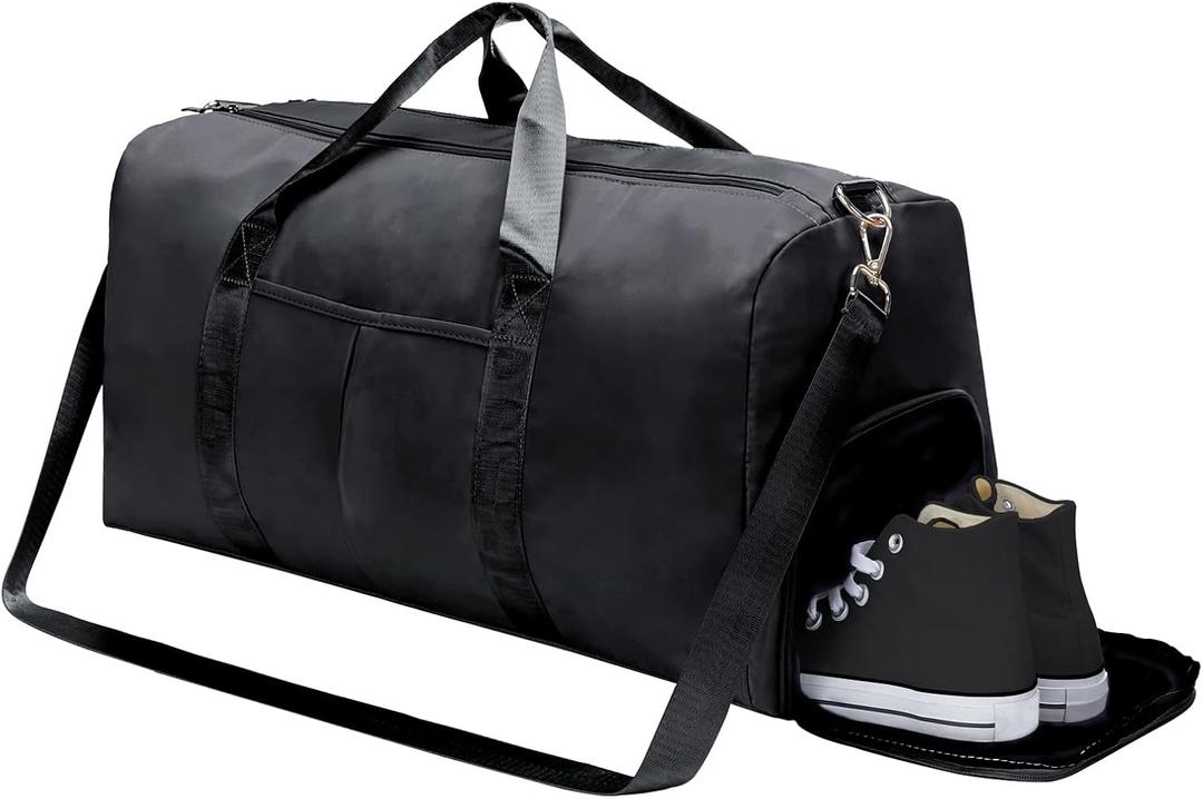 TINNIVI Sports Gym Bag Large Travel Duffel Bag Waterproof Weekender Overnight Tote Carry On Bag with Wet Pocket & Shoes Compartment for Men Women Lightweight Adjustable Strap (Black)
