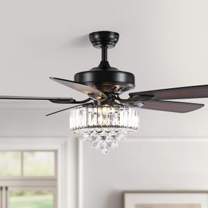 52 Inch Crystal Ceiling Fan with Lights and Remote Modern Black Chandelier Fan for Bedroom 5 Reversible Wood Blades Silent DC Motor Fandelier Ceiling Fans for Living Room Dining Room