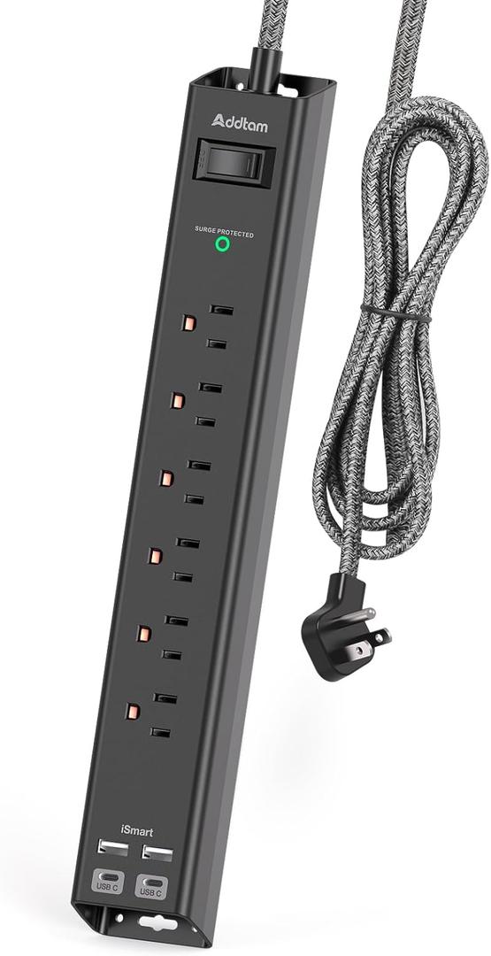 Surge Protector Power Strip - Extension Cord with 6 AC Outlets 4 USB (2 USB-C Ports), Flat Plug with Overload Surge Protection, Wall Mount, 5ft, Outlet Extender for Home Office Dorm Room Essentials