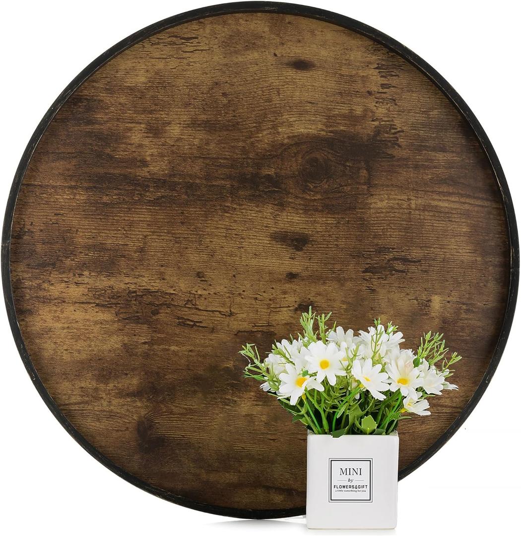 Hanobe Decorative Coffee Table Tray: Brown Wood Tray Round Rustic Wooden Trays Circle Farmhouse Centerpiece Candle Holder for Home Decor Ottoman Counter Display Living Room Organizer 18" (17.7")